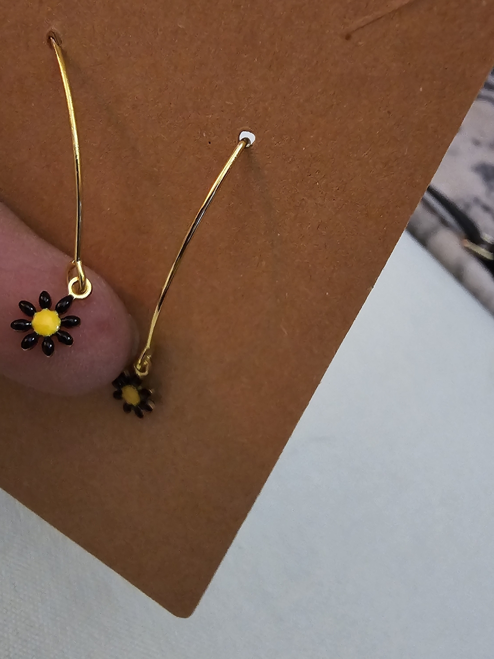 Gold Hoop Earrings with Black and Yellow Daisy Charms - Women's Jewelry